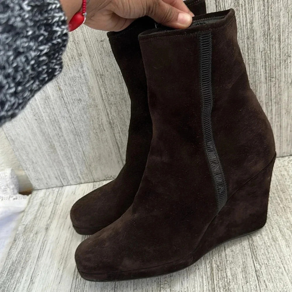 Prada Linea Rossa Brown Suede Wedge Boots - Picture 2 of 9